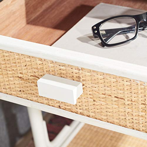 SAFAVIEH Home Collection – Roya White & Natural Nightstand with Drawer & Shelf, Coastal Accent Table, Bamboo-Style Frame & Rattan Drawer (NST4005C)