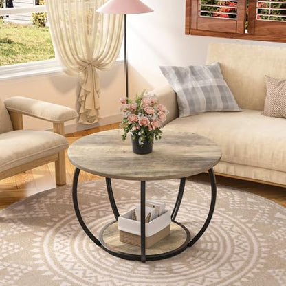 27.6 Inch Round Coffee Table with 2-Tier Storage | Center Table Living Room & Apartment Farmhouse Decor, Stable Waterproof Scratchproof Top, Lightweight Easy Assembly Gray Wash