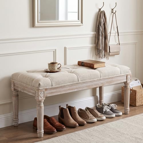 Upholstered Fabric Entryway Bench, Tufted Piano Bench for 2 People, Rubber Wood Legs with Beautiful Carved Pattern for Bedroom/Living Room/Dining Room (Beige)