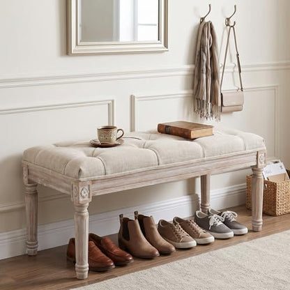Upholstered Fabric Entryway Bench, Tufted Piano Bench for 2 People, Rubber Wood Legs with Beautiful Carved Pattern for Bedroom/Living Room/Dining Room (Beige)