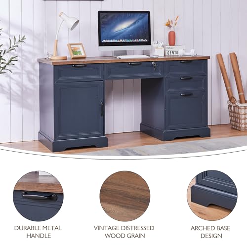 60" Farmhouse Executive Desk with 40" Mobile File Cabinet,L Shaped Desk Set with Charging Station,Office Desk with Storage Drawers,Wood Computer Desk Set for Office Work,Home Study