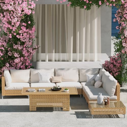 8-Piece Wicker Patio Furniture Set with Lift Top Coffee Storage Table, Outdoor Conversation Set Sectional Sofa with Water Resistant Thick Cushions, Cream