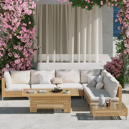 8-Piece Wicker Patio Furniture Set with Lift Top Coffee Storage Table, Outdoor Conversation Set Sectional Sofa with Water Resistant Thick Cushions, Cream