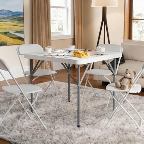 34" Square Folding Table, Fold-in-Half Utility Dining Portable Table Heavy Duty HDPE Plastic Foldable with Carrying Handle Indoor Outdoor for Picnic, Party