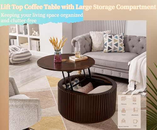 Round Lift Top Coffee Table with Storage, Wood Circle Center Table No Assembly Required with Large Hidden Compartment, Modern Drum Coffee Table for Living Room, Office (31"x31"x16")