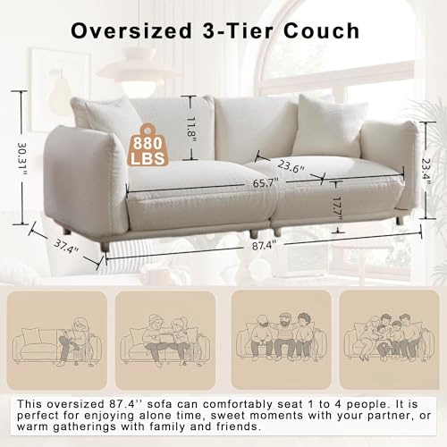 87.4" Oversized Couch, Comfy Mid Century Modern Couch for Living Room, 3-Seater Deep Seat Teddy Sherpa Couch with Metal Legs & 2 Pillows, Cream White Oversized Loveseat Sofa for Apartment, Office