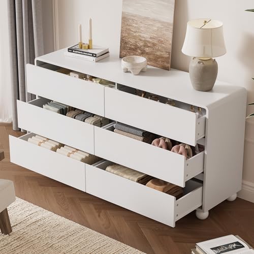 Mid-Century 3-Piece Dresser Bedroom Set, 6 Drawer Dresser & 2 Drawer Nightstands with Curved Profile Design & Handle Free, Wood Chest of Drawers for Bedroom, Living Room, Hallway, White