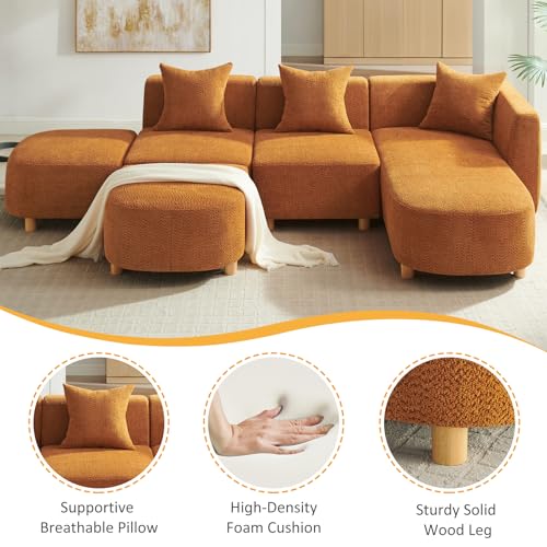 109.84" Modular Sectional Sofa with 3 Pillows, Convertible 5-Seater Comfy Boucle Cloud Couch with Ottoman, Modern Sectional Sofas for Living Room, Office, Apartment (Curry)
