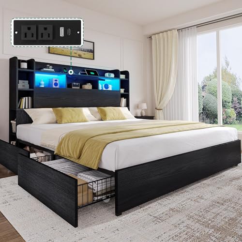 King Size Bed Frame, 51" Tall Bookcase Headboard and 4 Storage Drawers, view 3
