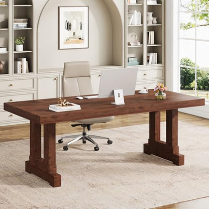 Solid Wood Computer Desk 63inches for Home Office, Dark Walnut, Sturdy Wood Legs, view 2