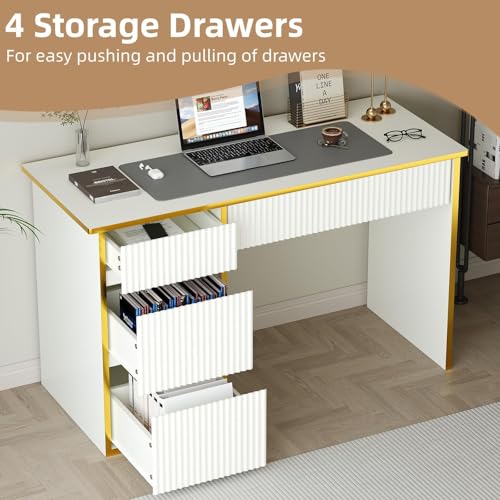 White Desk with Drawers, 47'' Computer Desk with 4 Drawers for Small Spaces, Small Office Desk with File Drawer for Study Room, Bedroom, White and Gold Desk