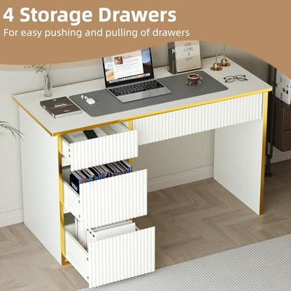White Desk with Drawers, 47'' Computer Desk with 4 Drawers for Small Spaces, Small Office Desk with File Drawer for Study Room, Bedroom, White and Gold Desk