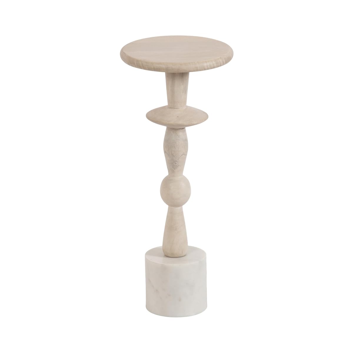 Avenal Modern Round Wood Drink Table, 9 x 9 x 22, Bleached Wood and White Marble, Boho Circle Mini Pedestal with Marble Base for Use as Martini Stand or Small Bedroom Nightstand Option
