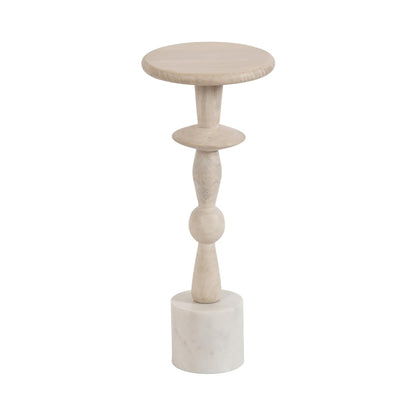 Avenal Modern Round Wood Drink Table, 9 x 9 x 22, Bleached Wood and White Marble, Boho Circle Mini Pedestal with Marble Base for Use as Martini Stand or Small Bedroom Nightstand Option
