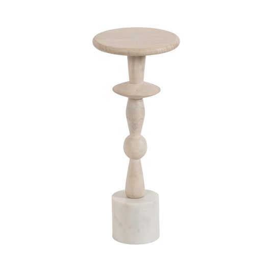 Avenal Modern Round Wood Drink Table, 9 x 9 x 22, Bleached Wood and White Marble, Boho Circle Mini Pedestal with Marble Base for Use as Martini Stand or Small Bedroom Nightstand Option
