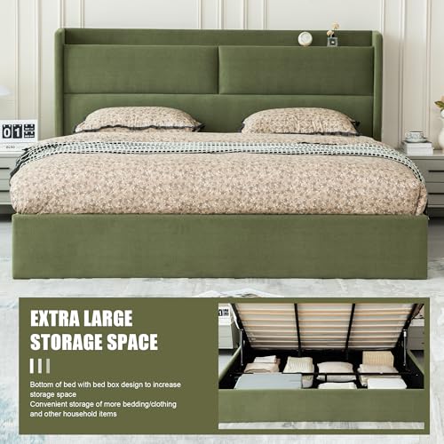King Hydraulic Lift Storage Bed Frame，Upholstered Headboard，Green, view 8