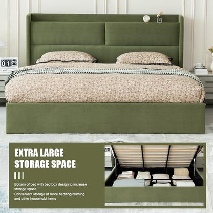 King Hydraulic Lift Storage Bed Frame，Upholstered Headboard，Green, view 8