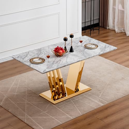 Marble Dining Table for 6 People, 70'' Rectangle Faux Marble Dining Table with Mirrored Stainless Steel Base, Large Size Marble Kitchen Table (Gold,Grey)(only Table)