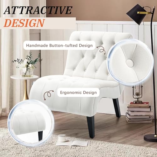 Cream White Frosted Velvet Tufted Accent Chair with Wood Legs | Wide Thick Cushion; Non-Slip Rubber Wood Legs; Ergonomic Back; Easy Assembly; For Living Room Bedroom
