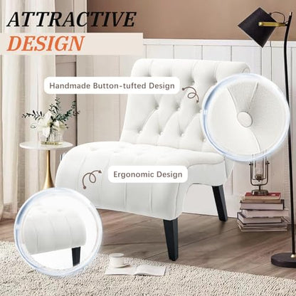 Cream White Frosted Velvet Tufted Accent Chair with Wood Legs | Wide Thick Cushion; Non-Slip Rubber Wood Legs; Ergonomic Back; Easy Assembly; For Living Room Bedroom