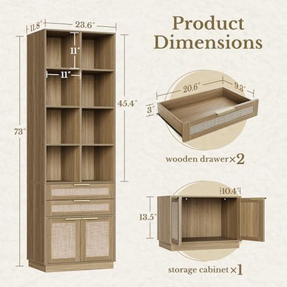 73'' Rattan Bookshelf with Doors and 2 Drawers, Natural Oak | Wood Bookcase with 2 Drawers and Doors, 8 Open Cubes, Adjustable Shelves, Durable Build, Modern Rattan Style