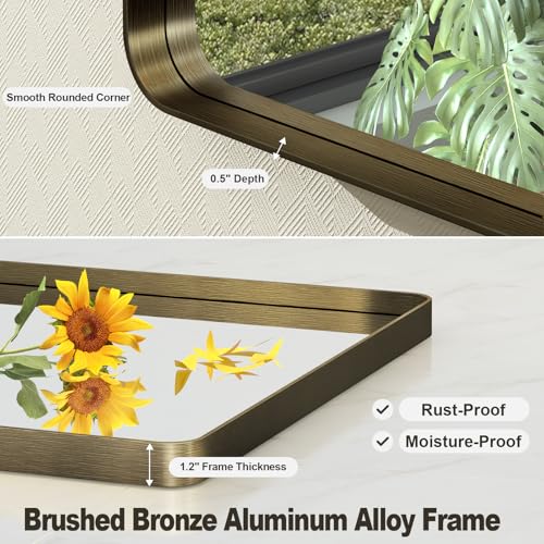 24x36 Inch Bronze Framed Bathroom Mirror, Rectangle Brushed Bronze Metal Vanity Mirror, Small Modern Wall Mirror, Rounded Corner, Tempered Glass, Anti-Rust, Shatterproof (Horizontal/Vertical)