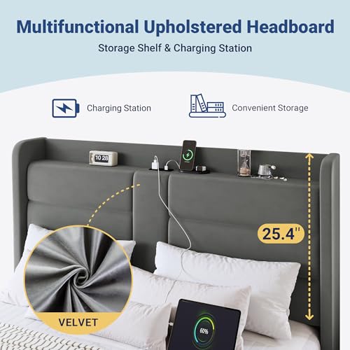 Queen Size Platform Bed Frame with Charging Station & Storage Headboard, view 5