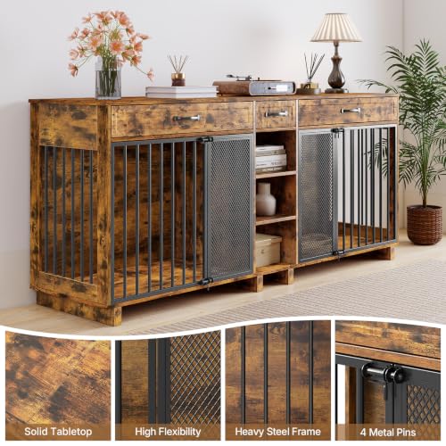 82" Double Dog Crate Furniture with Drawers and Shelves, Brown, view 4