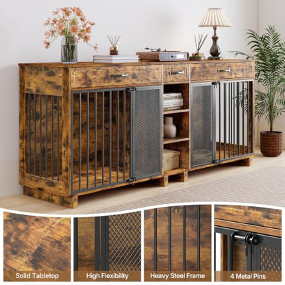 82" Double Dog Crate Furniture with Drawers and Shelves, Brown, view 4