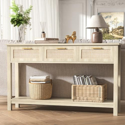 51.2" Rattan Console Tables with 3 Drawers & Shelf, Entryway Table with Storage, Hallway Table for Entry Way, Narrow Long Boho Sofa Table Behind Couch, Entrance Entry Living Room, Natural Wood