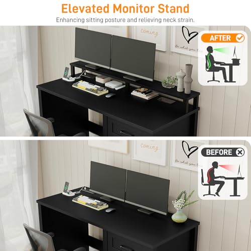 47" Farmhouse Executive Desk with 4 Drawers,LED Lights, Pure Black, view 4