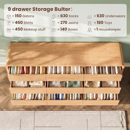Modern 63" Wide 9 Drawers Dresser with Curved Profile Design, Oak, view 5