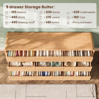 Modern 63" Wide 9 Drawers Dresser with Curved Profile Design, Oak, view 5