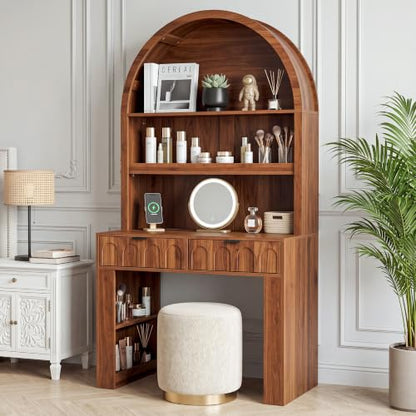 Arched Office Desk with Hutch, Walnut, Desktop 39.4" Wx 19.7" D, view 7