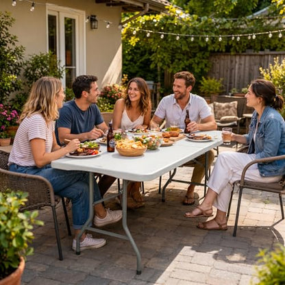 Folding Table 6 FT Lightweight Camping Table White Portable Plastic Rectangular Outdoor Dining Table Steel Legs Fold-in-Half with Carrying Handle for Indoor,Picnic,Party,Wedding,Events