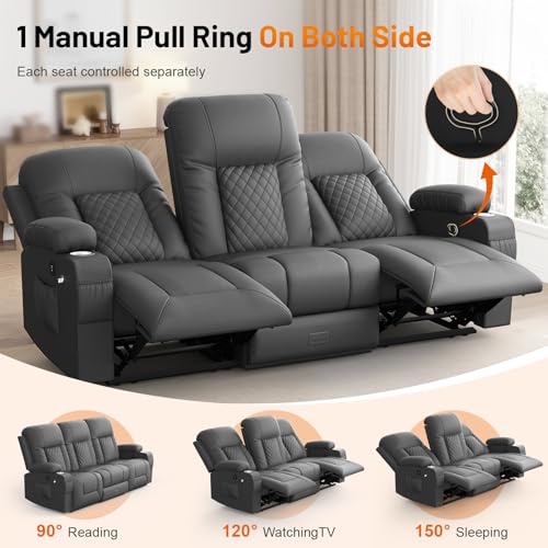 Loveseat Recliner Sofa, 3 Seater Dual Reclining Sofa with Flip Back Console, Modern PU Leather Loveseat Couch for Living Room/RV, with Storage, USB Ports, Cup Holder, Cell Phone Holder, Gray