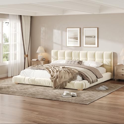 JIVOIT King Size Upholstered Platform Bed, Velvet Headboard Bed Base, Wood Slat, view 2