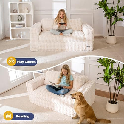 Loveseat Sofa Couch, Upholstered Bean Bag Chair Cloud Seat for Adults, Boneless Couch with Cushion & Pillows, Sofa in A Box, No Assembly Required, Bubble Beige, 2-Seat