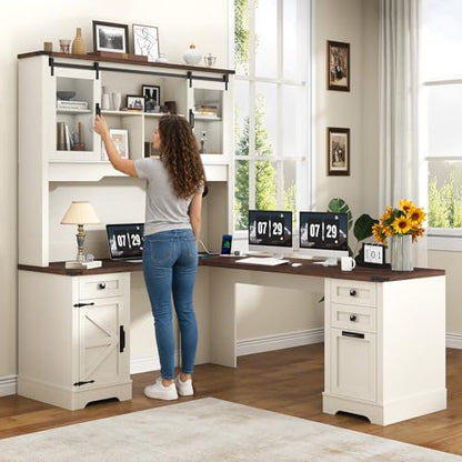 68.9'' Farmhouse L Shaped Desk with Hutch and Drawers, view 8