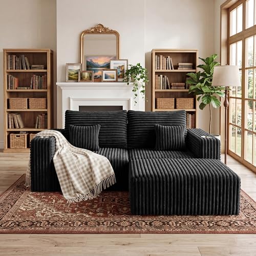 67'' L-Shaped Cloud Modular Sectional Sofa, Modern Corduroy Memory Foam Couch with Cup Holders, Upholstered Boneless Deep Seat Fluffy Loveseat with Ottoman, No Assembly Needed, for Home, Black