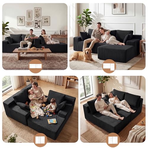 Cloud Sectional Boneless Couches for Living Room, Modular L Shaped Couch with Deep Seat Oversized Left Facing Chaise, Memory Foam Compressed Spineless 3 Seater Sofa for Apartment, Black