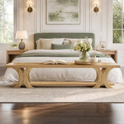 70.87" Extra Long Entryway Bench, Farmhouse Entryway Bench with Shoe Storage, Wooden Seating with Curved Legs for Living Room, Bedroom, Hallway, Foyer, Easy Assembly