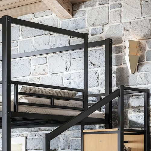 Queen Size Metal Loft Bed Frame with with Canopy Frame & Storage Staircase, view 7