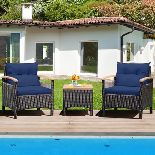 3-Piece Patio Furniture Set, Patiojoy Outdoor Rattan Sofa Set with Coffee Table, Patio Conversation Set with Removable Cushion, Cozy Acacia Wood Armrests for Backyard, Poolside (Navy)