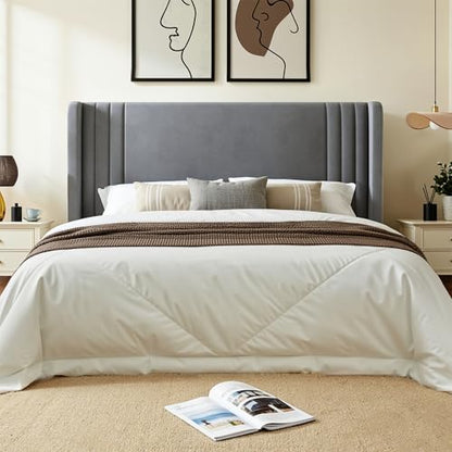 Full Size Modern Upholstered Velvet Bed Frame with Vertical-Striped Wingback Headboard, Under Storage Space, Noise Free, Easy Assembly, Grey