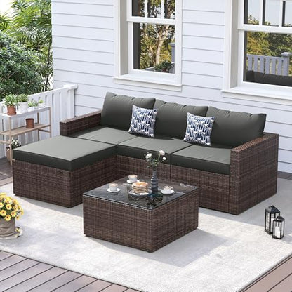 5 Piece L Shaped Outdoor Couch, Small Space Patio Furniture Set,Grey | Outdoor Sectional Sofa, All-Weather Wicker, Includes Ottoman & Glass Table, for Deck Balcony Porch Backyard