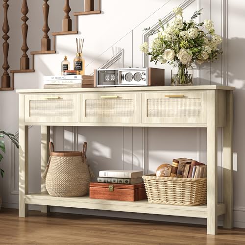 51.2" Rattan Console Tables with 3 Drawers & Shelf, Entryway Table with Storage, Hallway Table for Entry Way, Narrow Long Boho Sofa Table Behind Couch, Entrance Entry Living Room, Natural Wood