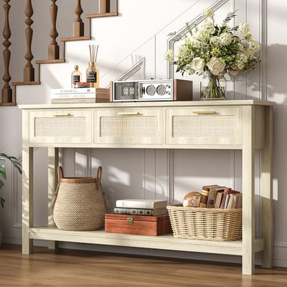 51.2" Rattan Console Tables with 3 Drawers & Shelf, Entryway Table with Storage, Hallway Table for Entry Way, Narrow Long Boho Sofa Table Behind Couch, Entrance Entry Living Room, Natural Wood