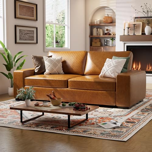 85" Faux Leather Sofa Couches, 3 Seater Mid-Century Modern Sofa with Extra Deep Seats, Upholstered Cushion&Removable Cover, Comfy Couch for Small Space Living Room Apartment, Brown