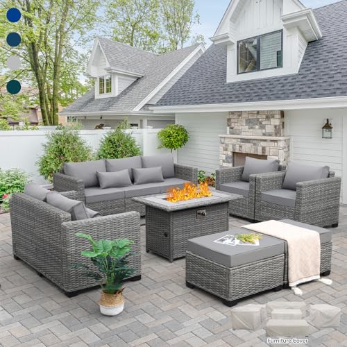 7-Piece Outdoor Furniture Sets Patio Furniture Set with 45-inch Fire Pit Patio Couch Outdoor Chairs 60000 BTU Propane Fire Pit Table with Non-Slip Cushions Waterproof Covers, Light Grey